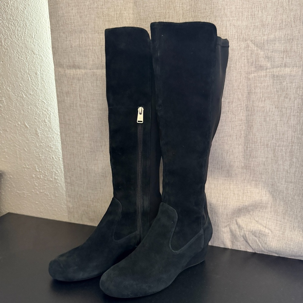 Rockport Knee High Boots Women's 6.5 Black Suede Stretch Calf Wedge Heel Comfort
